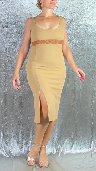 Low-Cut Tan Front Slit Dress with Pumpkin Spice Glitter - One of a Kind - Size Medium