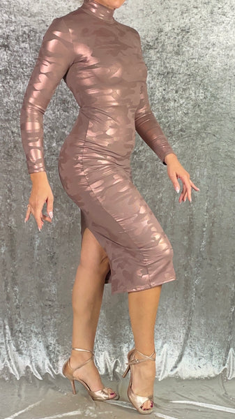 Warm Taupe with Metallic Copper Camo Print Turtleneck Wiggle Dress - One of a Kind - Size Small