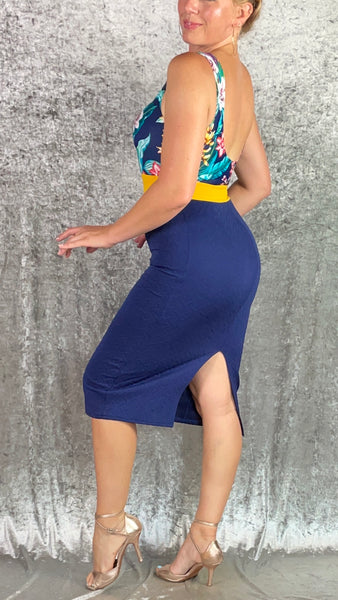 Tropical Orchid with Navy Quilted Wiggle Dress - One of a Kind - Size Small