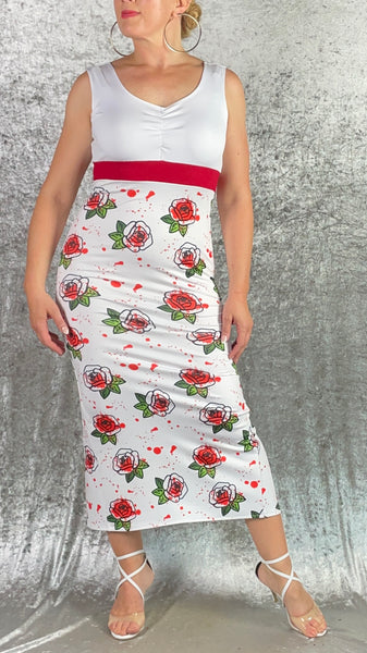 White and 'Paint the Roses Red' Long Dress - Alice in Wonderland Collection - One of a Kind - Size Medium