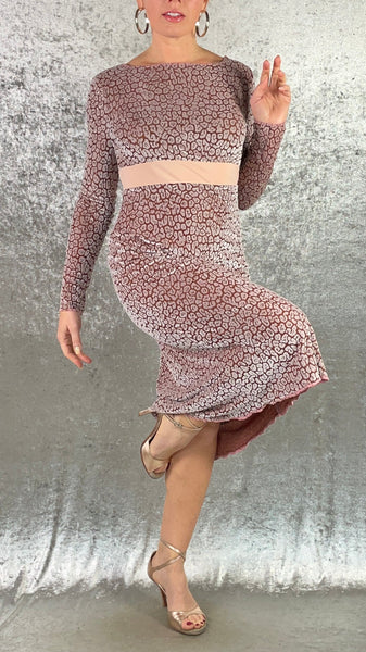 Warm Tan and Dusky Pink Cheetah Burn Out Velvet Fishtail Dress with Long Sleeves - One of a Kind - Size Large