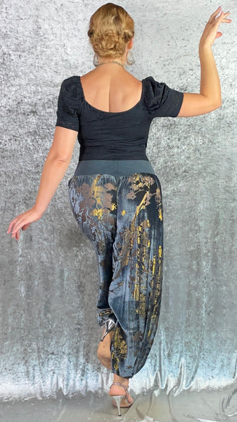 Grey Burnout Velvet with Golden Threads Genie Pants - One of a Kind - Size Medium