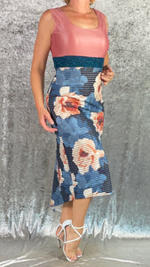 Blush and Blue Floral Burnout Scuba Fishtail Dress - One of a Kind - Size Large