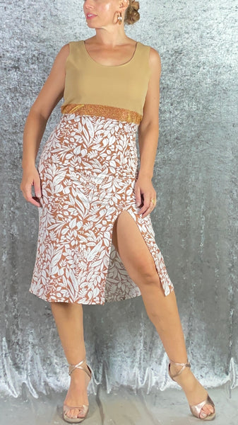 Tan With Ochre and White Floral Print Front Slit Dress - One of a Kind - Size Large