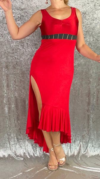Poppy Red High Front Slit Flounce Hem Dress with Black and Gold - One of a Kind - Size Small to Medium