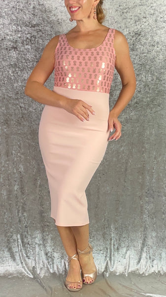 Peachy Pink with Gold Pineapple Print Wiggle Dress - One of a Kind - Size Medium