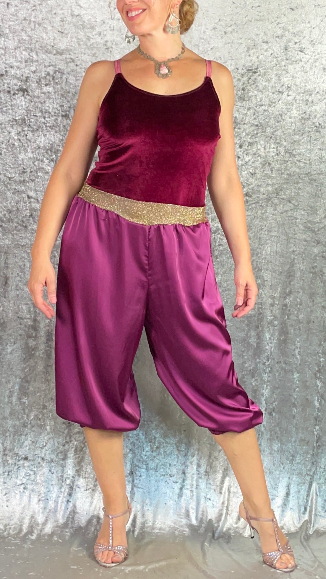 Wine Silk and Velvet Genie Jumpsuit with Holographic Gold Glitter Waistband - One of a Kind - Dress Size Medium