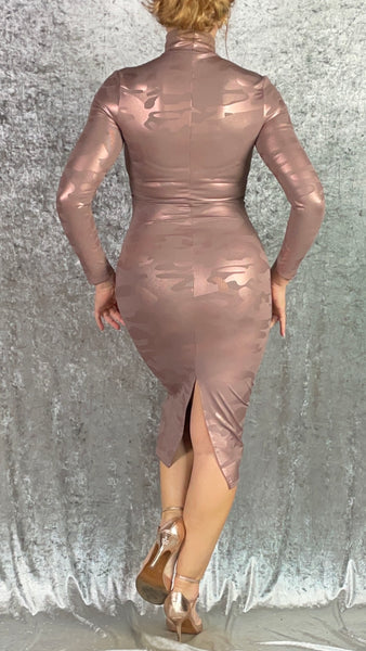 Warm Taupe with Metallic Copper Camo Print Turtleneck Wiggle Dress - One of a Kind - Size Small