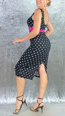 Classic Black and White Polka Dot Wiggle Dress with Raspberry Band - One of a Kind - Size Medium