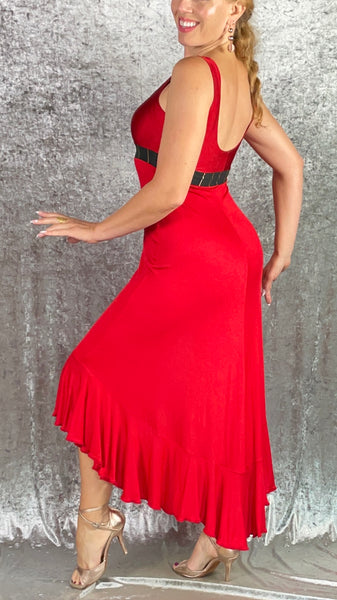 Poppy Red High Front Slit Flounce Hem Dress with Black and Gold - One of a Kind - Size Small to Medium