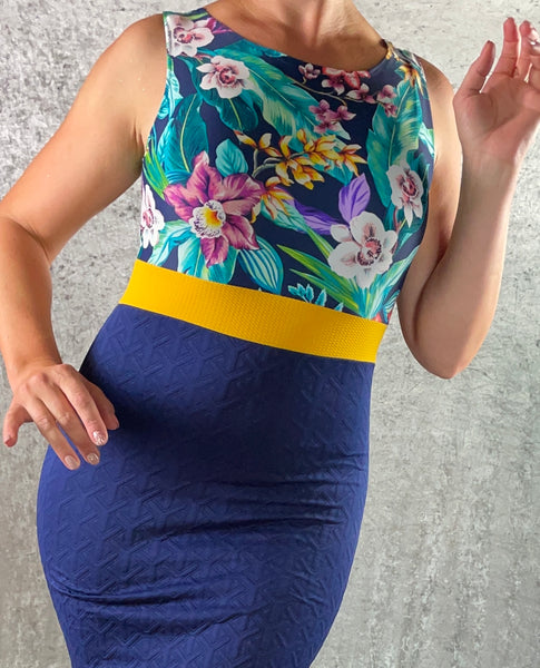 Tropical Orchid with Navy Quilted Wiggle Dress - One of a Kind - Size Small