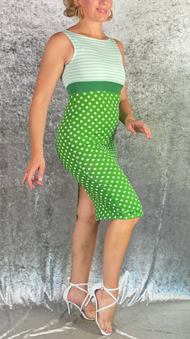 Green and White Stripes and Polka Dots Wiggle Dress - One of a Kind - Size Extra Small