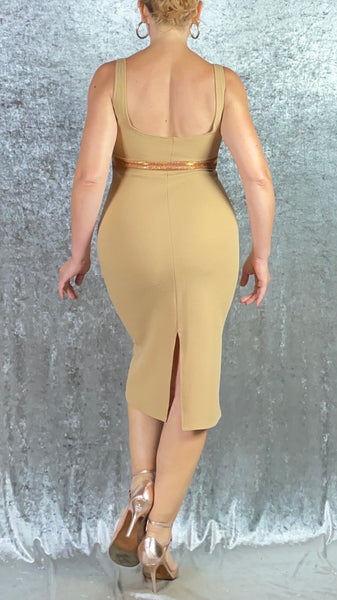 Low-Cut Tan Front Slit Dress with Pumpkin Spice Glitter - One of a Kind - Size Medium