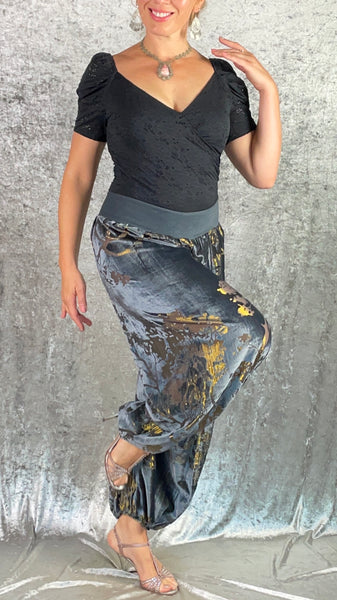 Grey Burnout Velvet with Golden Threads Genie Pants - One of a Kind - Size Medium