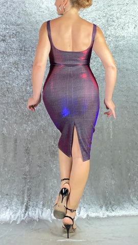 Holographic Tweed with Blue to Magenta Color Flip Wiggle Dress - One of a Kind - Size Small