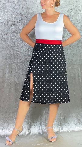 Black and White Polka Dot Front Slit Dress with White Bodice and Red Band - One of a Kind - Size Large