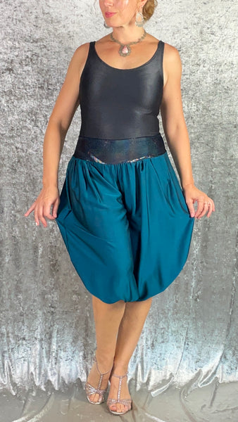 Teal Silk and Ridged Black Leather Finish Genie Jumpsuit with Holographic Oil Slick Black Velvet Waistband - One of a Kind - Dress Size Small to Medium