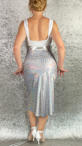 White Burnout Net and Holographic Silver Scale Fishtail Dress - One of a Kind - Size Extra Medium