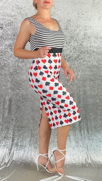 Black and White Stripes with Card Suits Print Wiggle Dress - Alice in Wonderland Collection - One of a Kind - Size Large