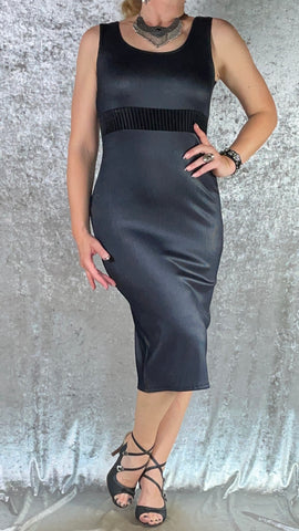 Black Leather Look Ribbed Spandex with Striped Black Velvet Waistband Wiggle Dress - One of a Kind - Size Medium