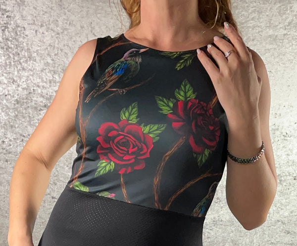 Dark Victorian Roses and Birds with Black Triangle Embossed Lycra Wiggle Dress - One of a Kind - Size Medium