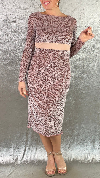 Warm Tan and Dusky Pink Cheetah Burn Out Velvet Fishtail Dress with Long Sleeves - One of a Kind - Size Large