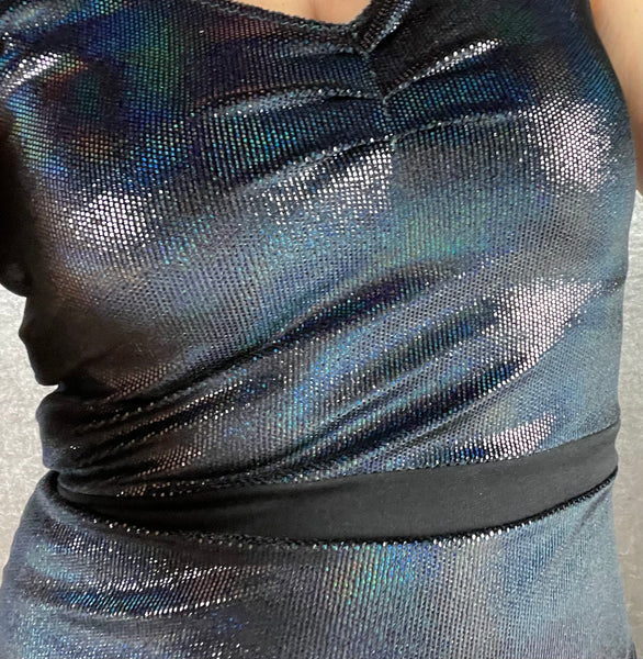 Holographic Oil Slick Velvet Wiggle Dress with Pintucked Neckline - One of a Kind - Size Extra Small to Small