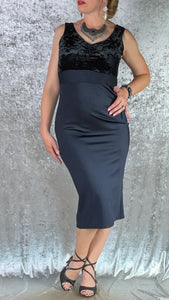 Luxe Black Crushed Velvet with Textured Waistband and Black Spandex Wiggle Dress - One of a Kind - Size Extra Medium
