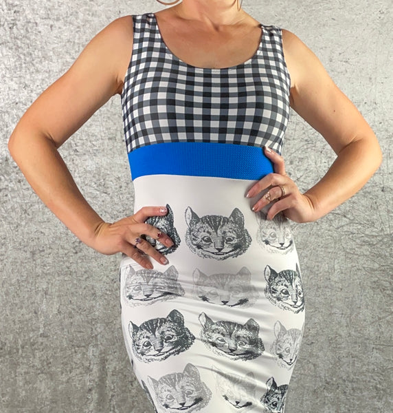 Black and White Disappearing Cheshire Cat with Gingham and Blue Wiggle Dress - Alice in Wonderland Collection - One of a Kind - Size Small
