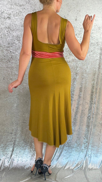 Lichen Green with Coral Velvet Front Slit Dress - One of a Kind - Size Medium