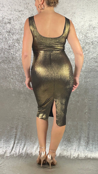 Gold Foil Over Black Knit Wiggle Dress with Pin Tucked Bodice - One of a Kind - Size Extra Small