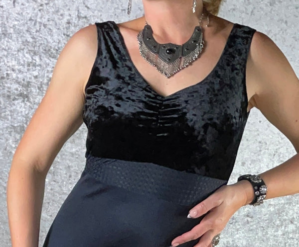 Luxe Black Crushed Velvet with Textured Waistband and Black Spandex Wiggle Dress - One of a Kind - Size Extra Medium