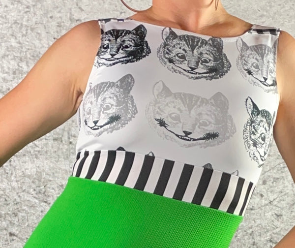 Black and White Disappearing Cheshire Cat with Stripes and Bright Green Wiggle Dress - Alice in Wonderland Collection - One of a Kind - Size Small