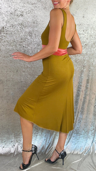 Lichen Green with Coral Velvet Front Slit Dress - One of a Kind - Size Medium