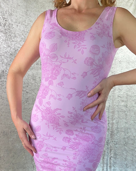 Dusty Pink Wiggle Dress with Mauve Rose Print - One of a Kind - Size Small