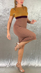 Golden Velvet with Brown Vintage Pattern Knit Dress - One of a Kind - Size Small