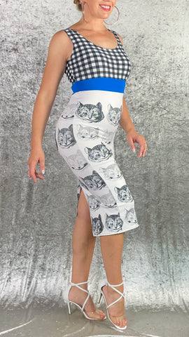Black and White Disappearing Cheshire Cat with Gingham and Blue Wiggle Dress - Alice in Wonderland Collection - One of a Kind - Size Small