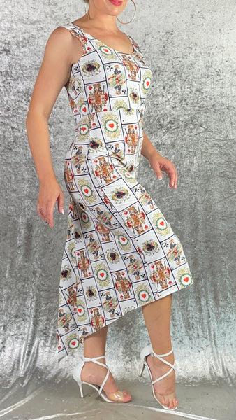 White Deck of Cards Print Fishtail Dress - Alice in Wonderland Collection - One of a Kind - Size Large