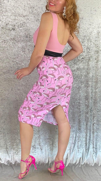 Baby Pink Liverpool Knit with Pink Flamingo Print Wiggle Dress - One of a Kind - Size Small