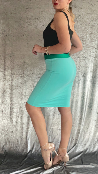 Aqua Ponte De Roma Mini Skirt with Kelly Green Waistband - One of a Kind - Size Extra Small