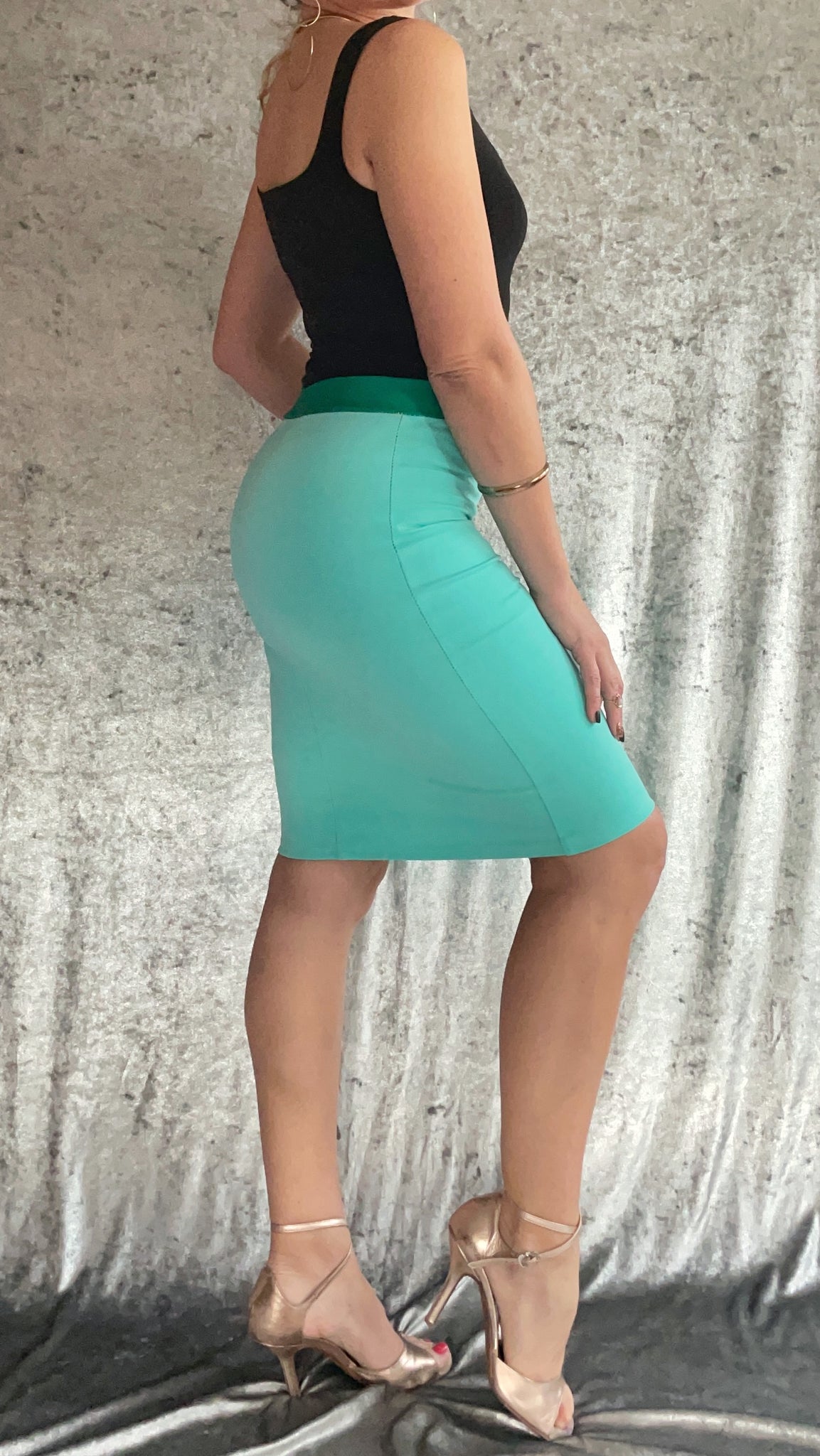 Aqua Ponte De Roma Mini Skirt with Kelly Green Waistband - One of a Kind - Size Extra Small